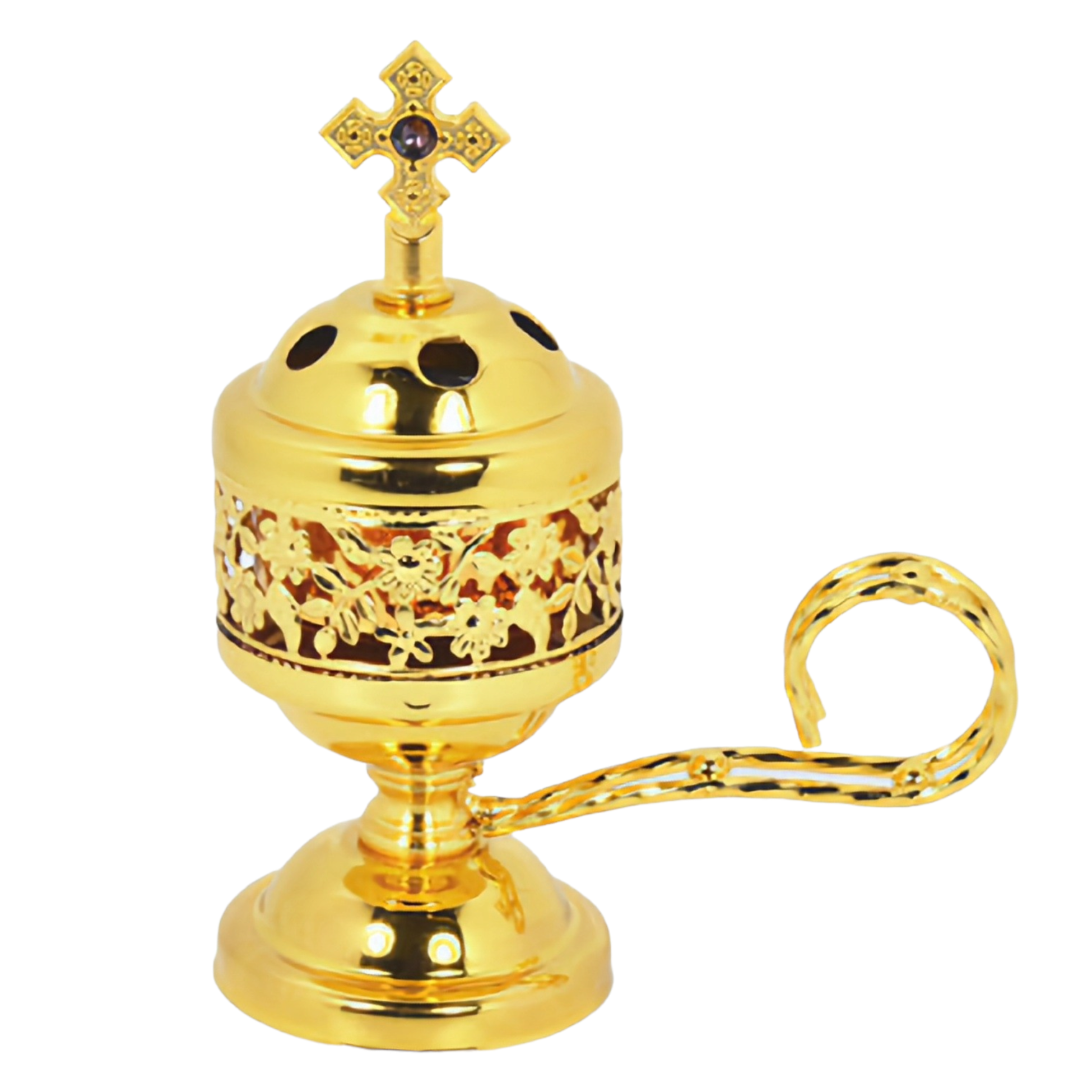 Orthodox Gold Round Religious Incense Burner with Crystal Cross Top & Handle