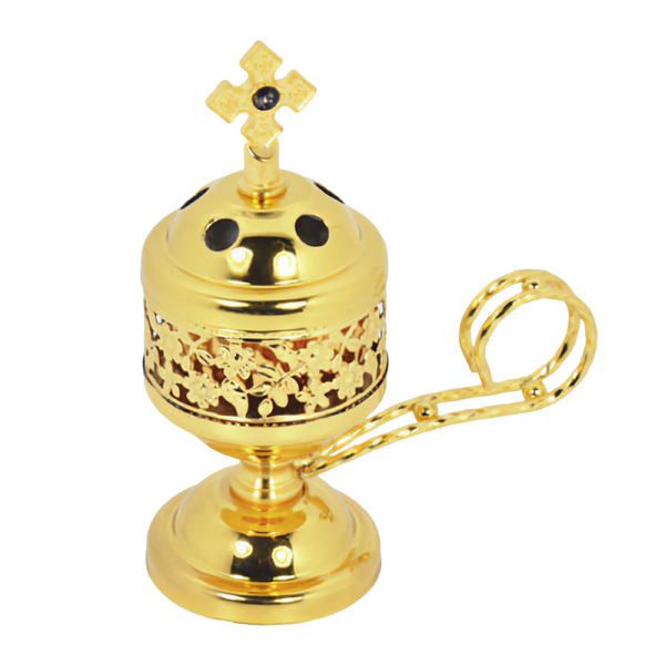 Orthodox Gold Round Religious Incense Burner with Crystal Cross Top & Handle