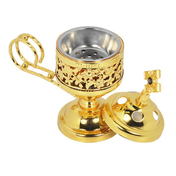 Orthodox Gold Round Religious Incense Burner with Crystal Cross Top & Handle