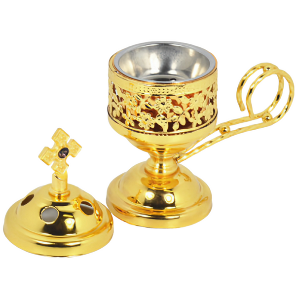 Orthodox Gold Round Religious Incense Burner with Crystal Cross Top & Handle