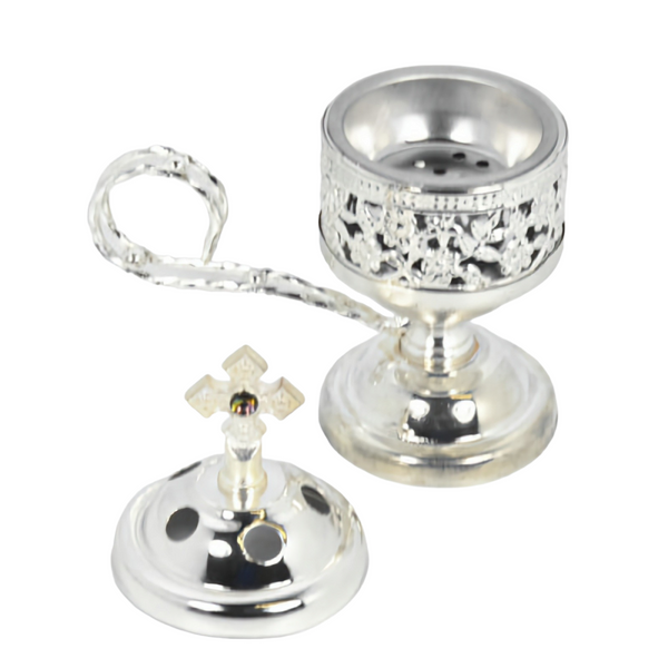 Orthodox Silver Round Religious Incense Burner with Crystal Cross Top & Handle