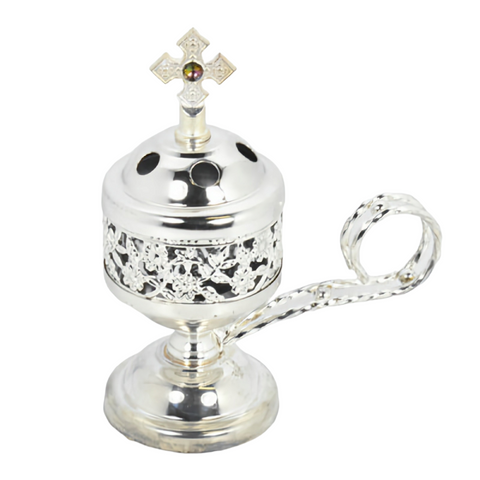 Orthodox Silver Round Religious Incense Burner with Crystal Cross Top & Handle