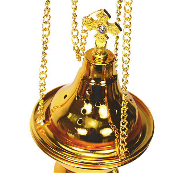 Orthodox Gold Hanging Religious Incense Burner & Crystal Cross Top