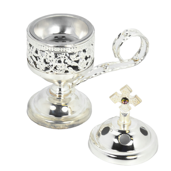 Orthodox Silver Round Religious Incense Burner with Crystal Cross Top & Handle