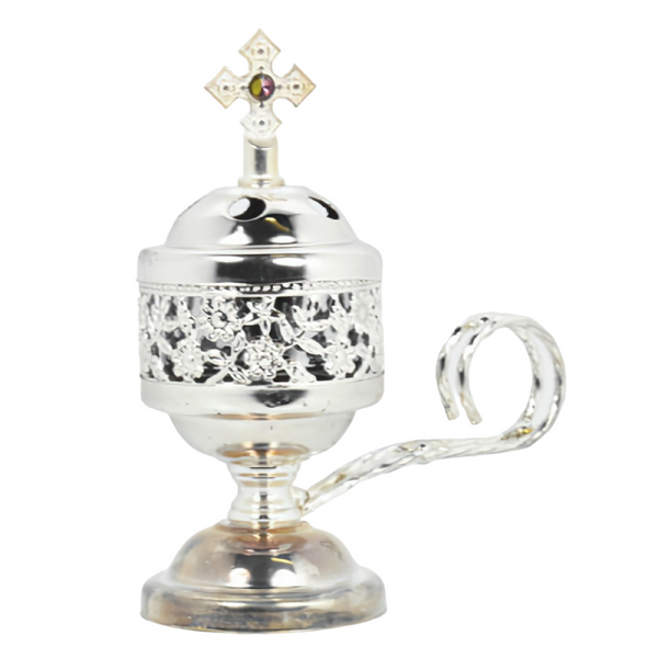 Orthodox Silver Round Religious Incense Burner with Crystal Cross Top & Handle