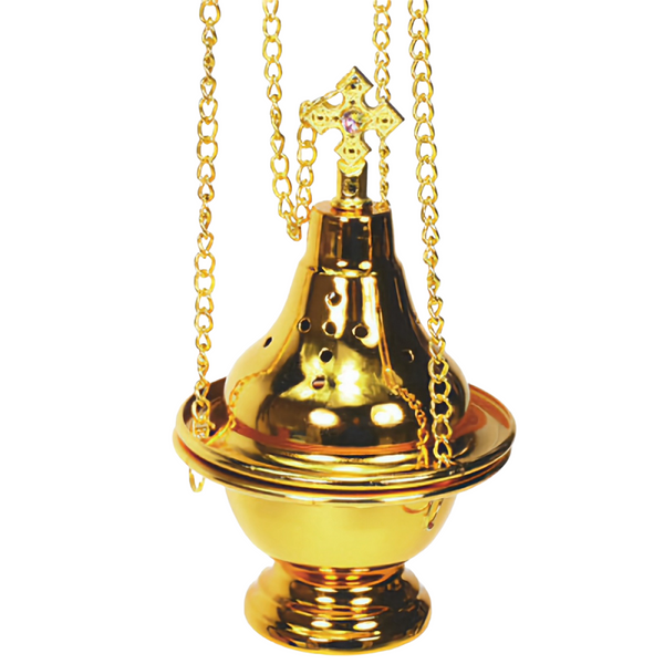 Orthodox Gold Hanging Religious Incense Burner & Crystal Cross Top