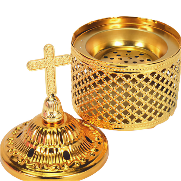 Orthodox Gold Round Religious Incense Burner & Cross Top