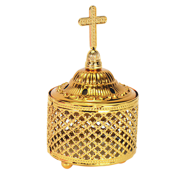 Orthodox Gold Round Religious Incense Burner & Cross Top