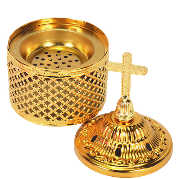 Orthodox Gold Round Religious Incense Burner & Cross Top