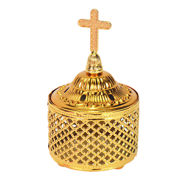 Orthodox Gold Round Religious Incense Burner & Cross Top