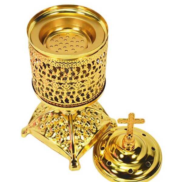 Orthodox Gold Round Religious Incense Burner with Cross Top