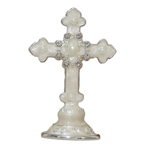 Mini White Enamel Standing Cross with Pearl & Diamante Crystals Favours Bomboniere Gifts