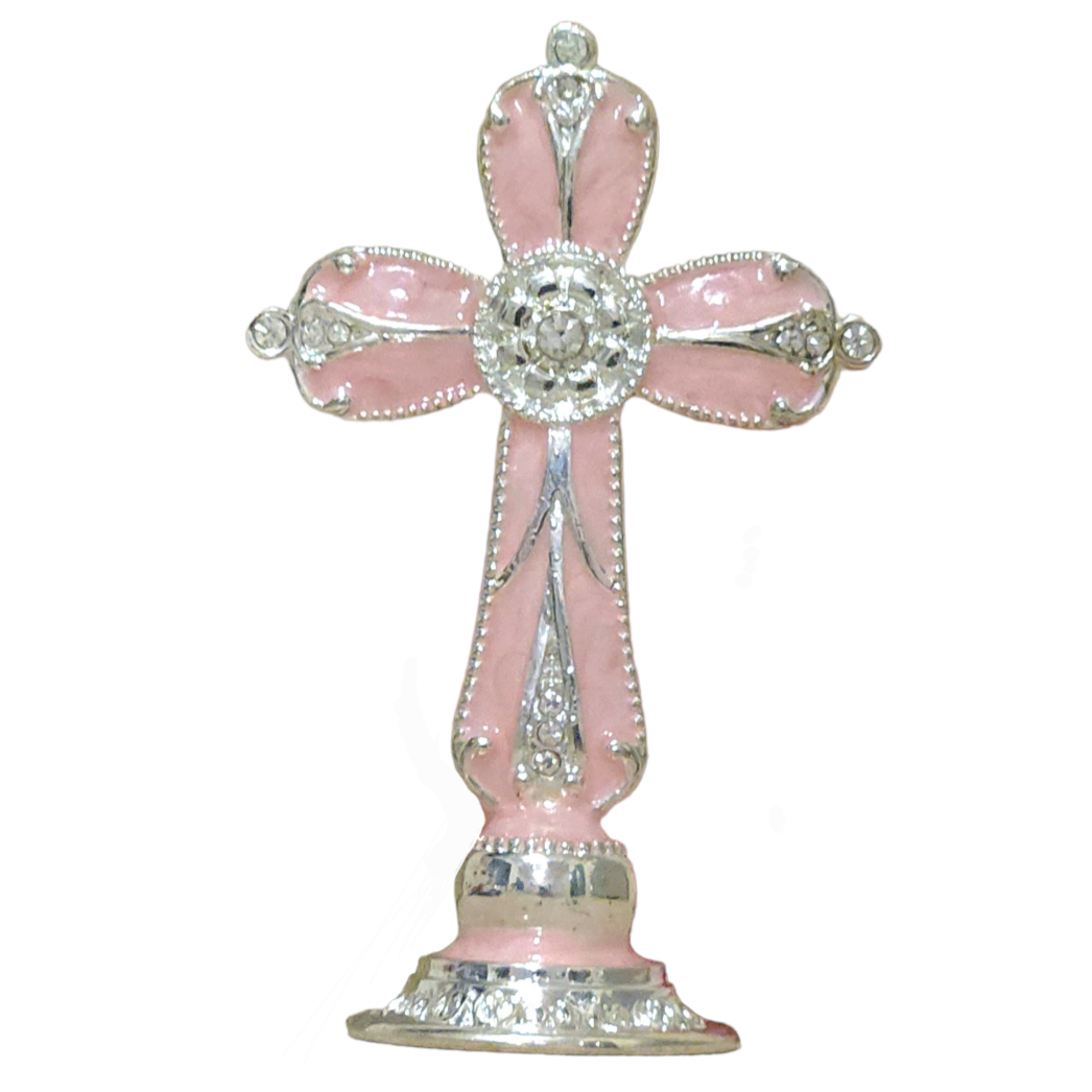 Mini Pink Enamel Standing Cross with Diamante Crystals Favours Bomboniere Gifts