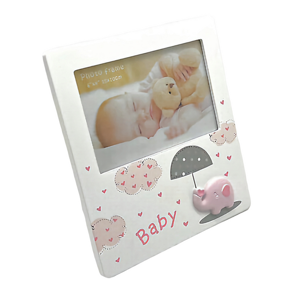 Pink Baby Girl WOOD WOODEN Photo Frame & Elephant with umbrella Motif Nursery Newborn Baby Shower Gift