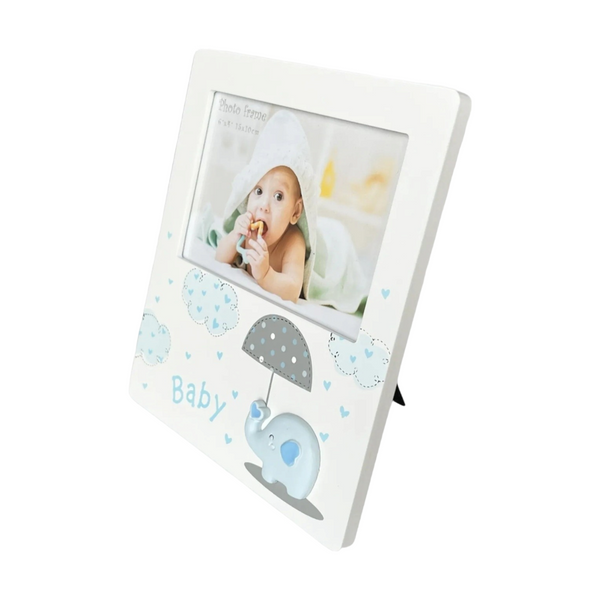 Blue Baby Boy WOOD WOODEN Photo Frame with Elephant and umbrella Motif Nursery Newborn Baby Shower Gift