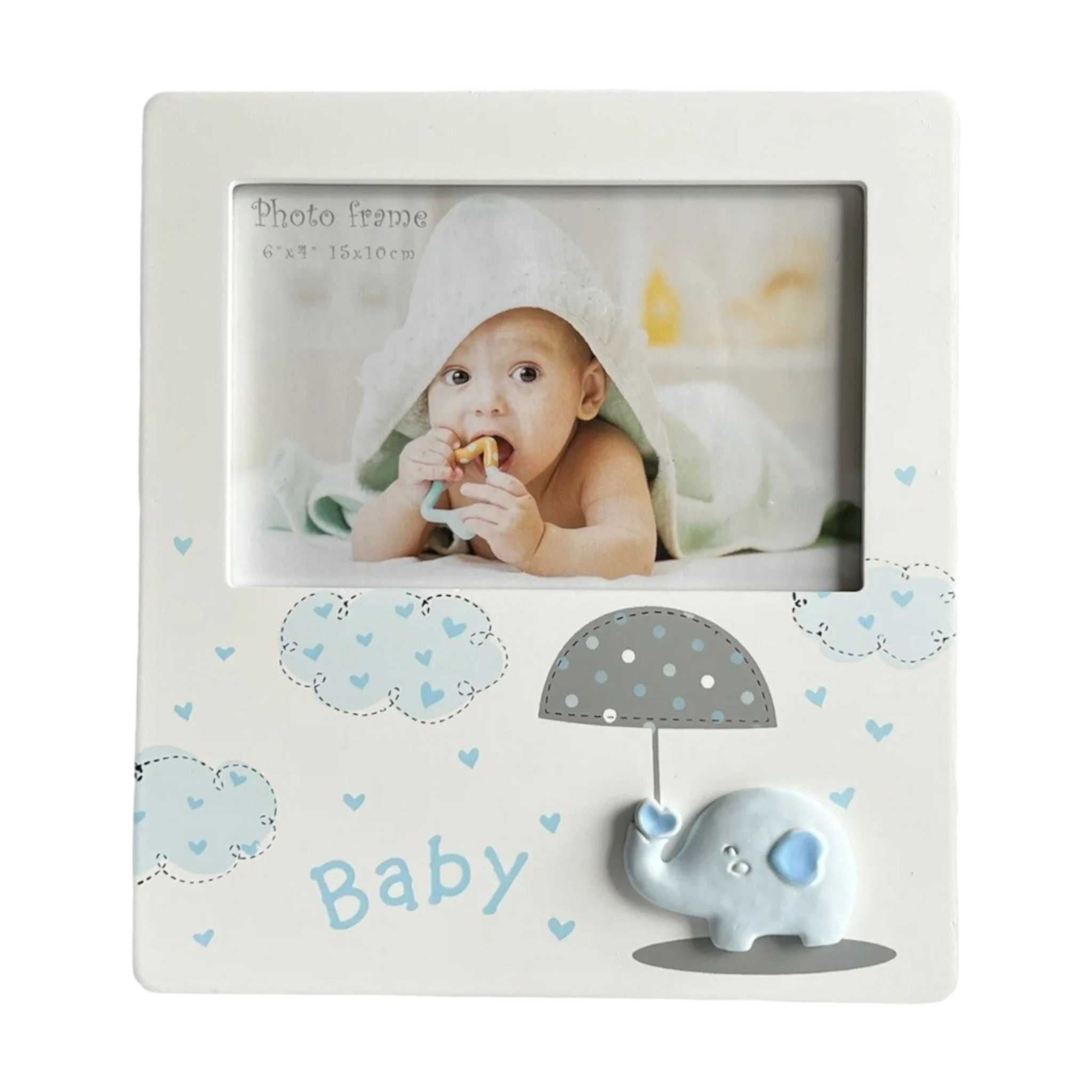 Blue Baby Boy WOOD WOODEN Photo Frame with Elephant and umbrella Motif Nursery Newborn Baby Shower Gift