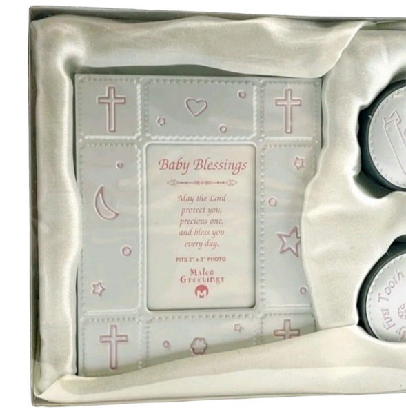 3 Piece Pink Baby Blessings Photo Frame, My First Tooth & My First Curl Keepsake Set