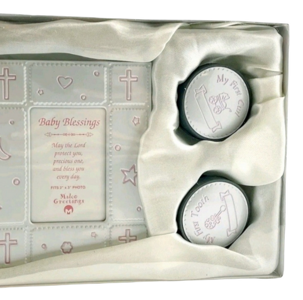 3 Piece Pink Baby Blessings Photo Frame, My First Tooth & My First Curl Keepsake Set