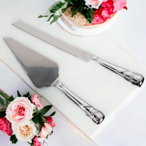 Set 2 Silver Cake Server & Knife with Binding Crystal Diamante Double Hearts Handles