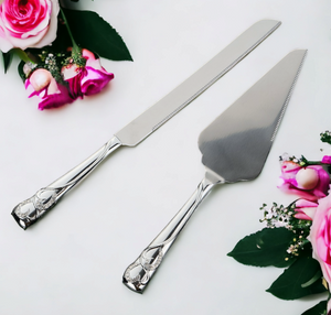 Set 2 Silver Cake Server & Knife with Binding Crystal Diamante Double Hearts Handles