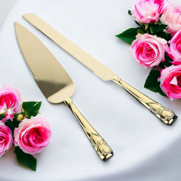 Wedding bridal engagement Cake Server & Knife Set stainless Steel blades in gift Box with bling gold classy crystal handles and crystal diamante rhinestones crystalline crystal binding double hearts handles Handle Gift Box