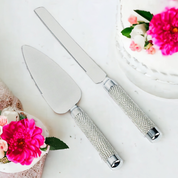 Wedding bridal engagement Cake Server & Knife Set stainless Steel blades in gift Box with bling silver classy crystal filled beads beaded handles and crystal diamante rhinestones crystalline filled beaded beads handles Handle Gift Box