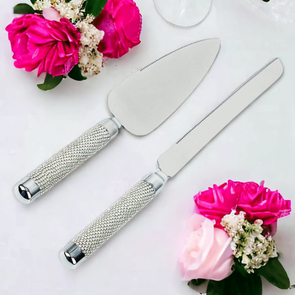 Wedding bridal engagement Cake Server & Knife Set stainless Steel blades in gift Box with bling silver classy crystal filled beads beaded handles and crystal diamante rhinestones crystalline filled beaded beads handles Handle Gift Box