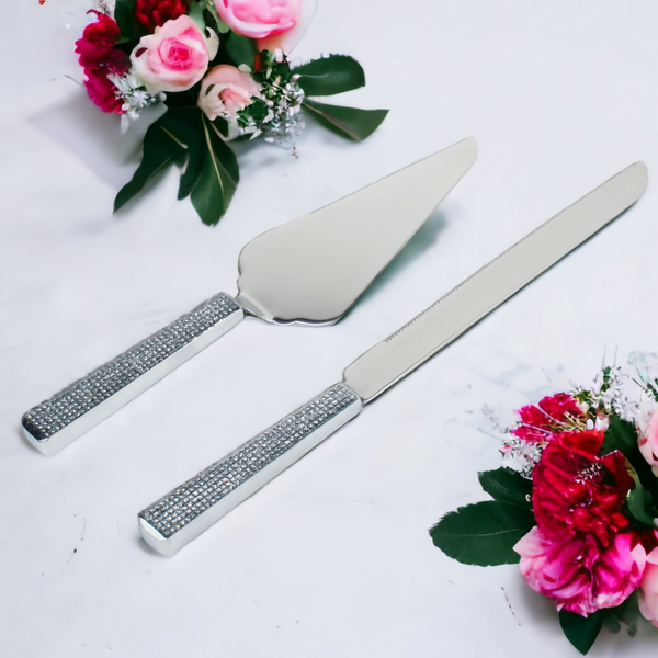 Wedding bridal engagement Cake Server & Knife Set stainless Steel blades in gift Box with bling silver classy crystal filled beads beaded handles and crystal diamante rhinestones crystalline filled beaded beads handles Handle Gift Box