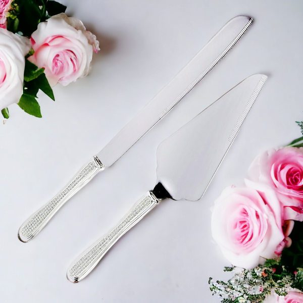 Set 2 Silver Cake Server & Knife with Diamante Crystal Handles