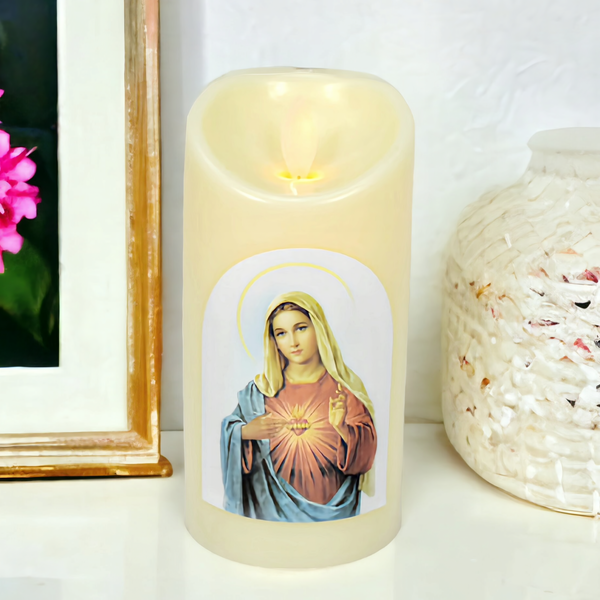 Ivory Sacred Heart Mother Mary Religious LED Light Up Swing Candle Round Ivory Flameless Plastic Swing LED Pillar Candle