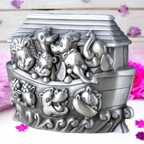 CHILDRENS NOAHS ARK SILVER PEWTER MONEY BOX BABY SHOWER BAPTISM CHRISTENING NEWBORN BABY KEEPSAKE GIFT