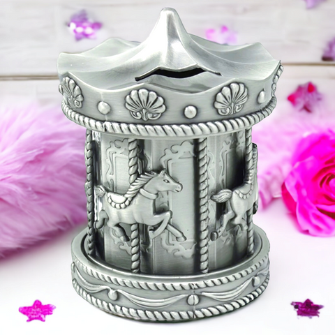 Silver Pewter Carousel Merry Go Round Money Box