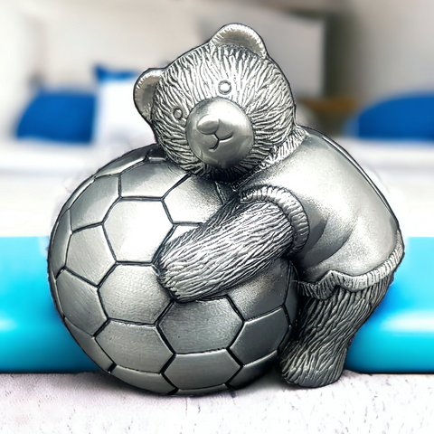 CHILDRENS Teddy Bear holding a Soccer Ball SILVER PEWTER MONEY BOX BABY SHOWER CHRISTENING NEWBORN GIFT