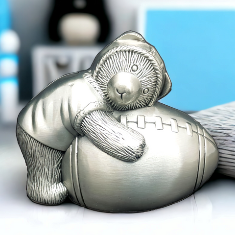 CHILDRENS Teddy Bear holding a Football SILVER PEWTER MONEY BOX BABY SHOWER CHRISTENING NEWBORN GIFT