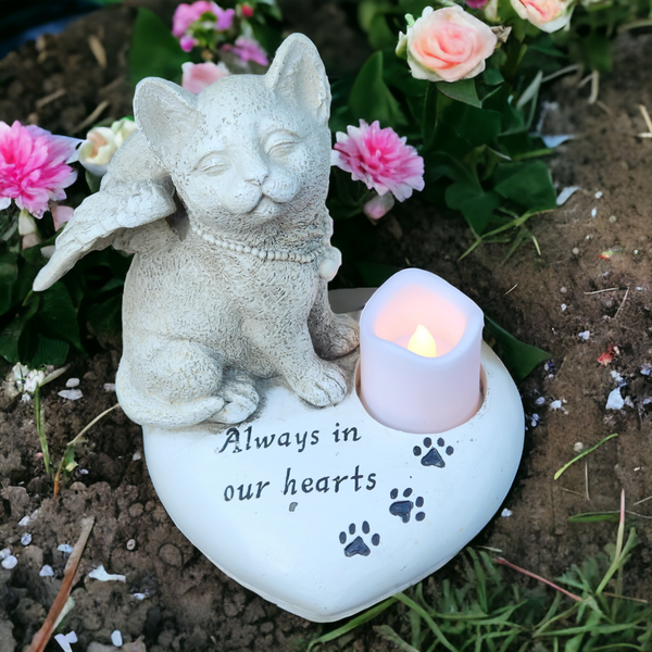 Cat Angel Memorial Stone heart shape statue plaque LED light Cat Grave Figurine Outdoor Cat Angel Memorial Polyresin Indoor Outdoor Garden Yard plaque cat Memorial Stone Statue, cat Angel Pet Memorial Grave Marker Tribute Statue in memory