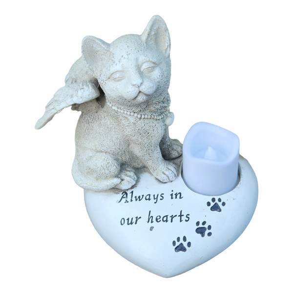 Cat Angel Memorial Stone heart shape statue plaque LED light Cat Grave Figurine Outdoor Cat Angel Memorial Polyresin Indoor Outdoor Garden Yard plaque cat Memorial Stone Statue, cat Angel Pet Memorial Grave Marker Tribute Statue in memory