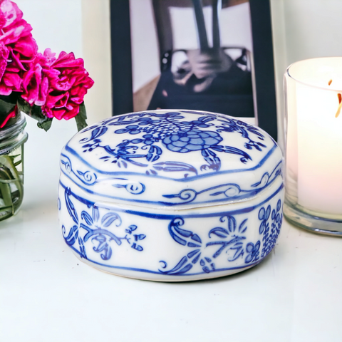 Blue & White Round Floral Design Ceramic Trinket Box Jewellery Keepsake Gift home decor