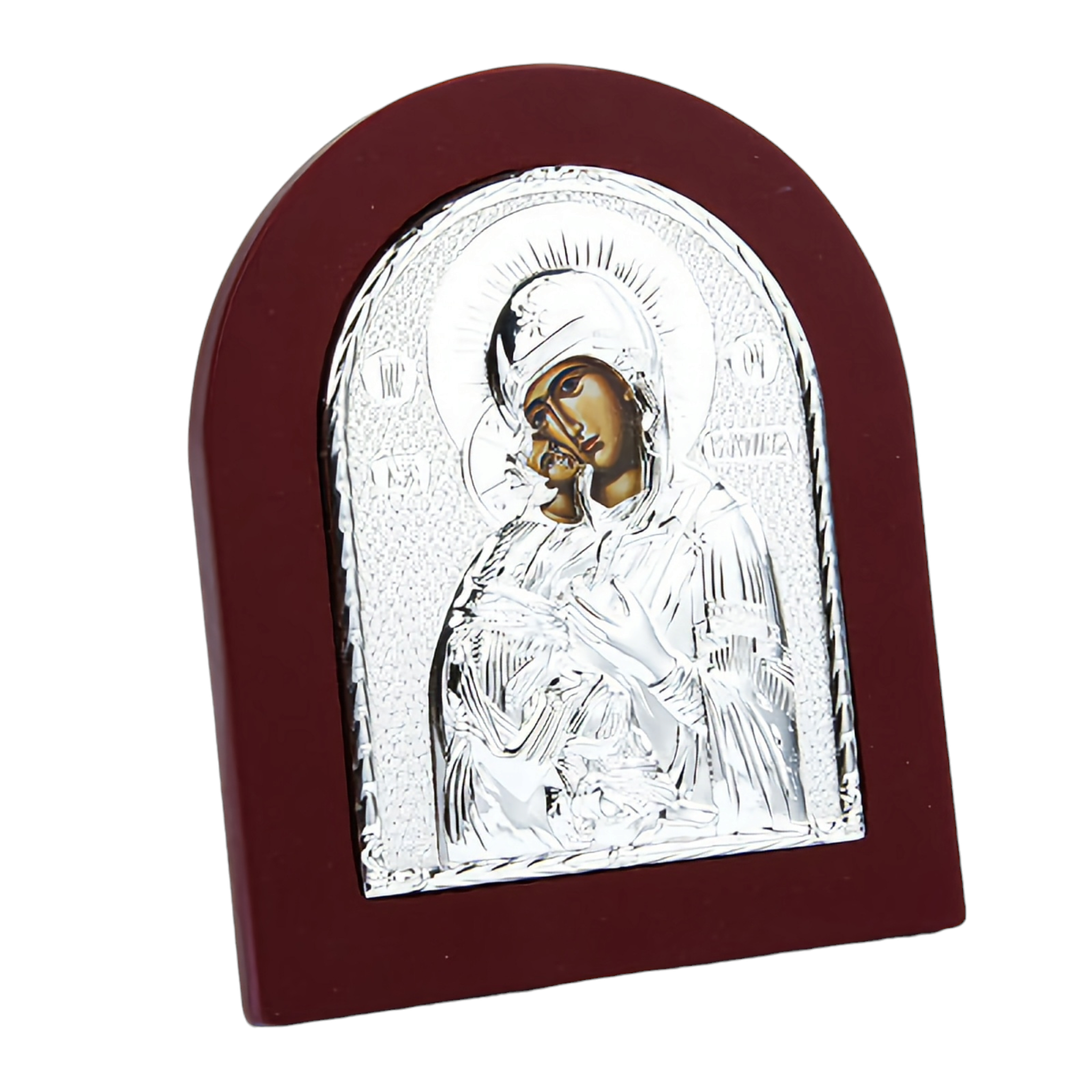 Religious Orthodox Silver Plated Holy Virgin Mother Mary & Jesus Christ Icon Plaque with Red Wood Frame