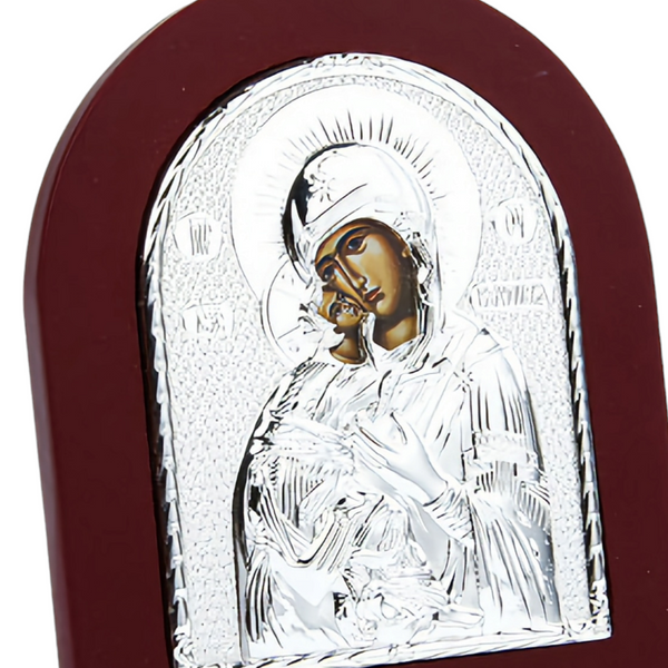 Religious Orthodox Silver Plated Holy Virgin Mother Mary & Jesus Christ Icon Plaque with Red Wood Frame