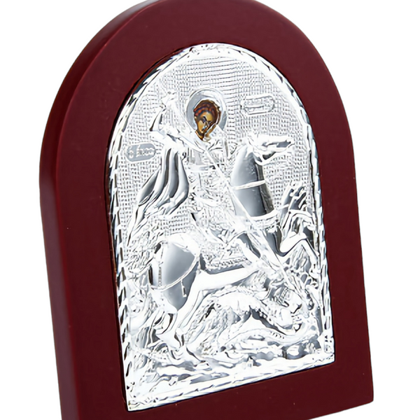 Religious Orthodox Silver Plated Holy Saint George St. George Icon Plaque with Red Wood Frame