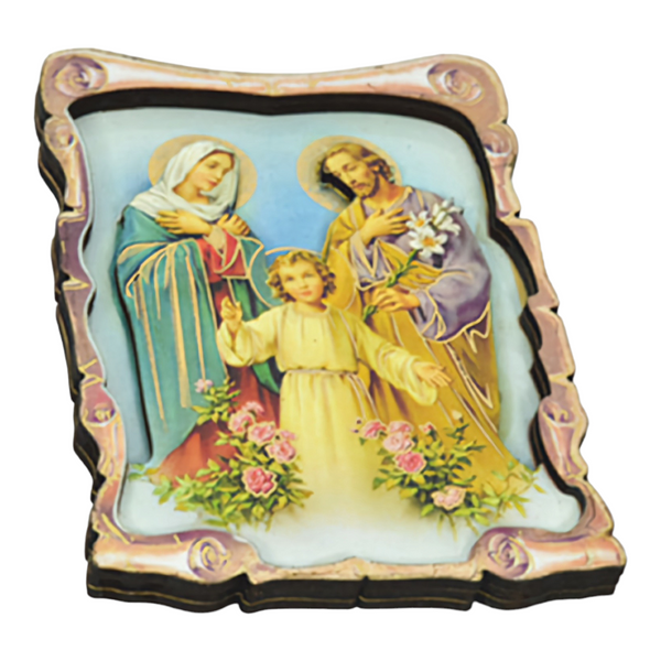 Religious Catholic Christian Colour Wooden Wood 3D Holy Family Icon Plaque picture Stand, holy mother Mary, Joseph, Jesus Christ