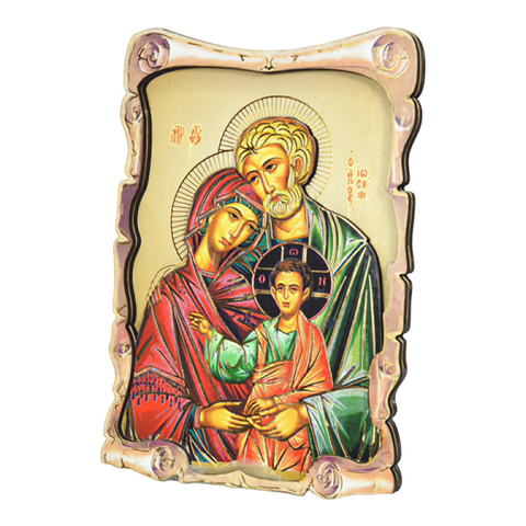 Religious Orthodox Colour Wooden Wood 3D Holy Family Doxaras Icon Plaque picture Stand, holy mother Mary, Joseph, Jesus Christ