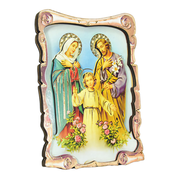 Religious Catholic Christian Colour Wooden Wood 3D Holy Family Icon Plaque picture Stand, holy mother Mary, Joseph, Jesus Christ