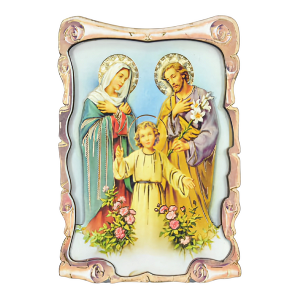 Religious Catholic Christian Colour Wooden Wood 3D Holy Family Icon Plaque picture Stand, holy mother Mary, Joseph, Jesus Christ