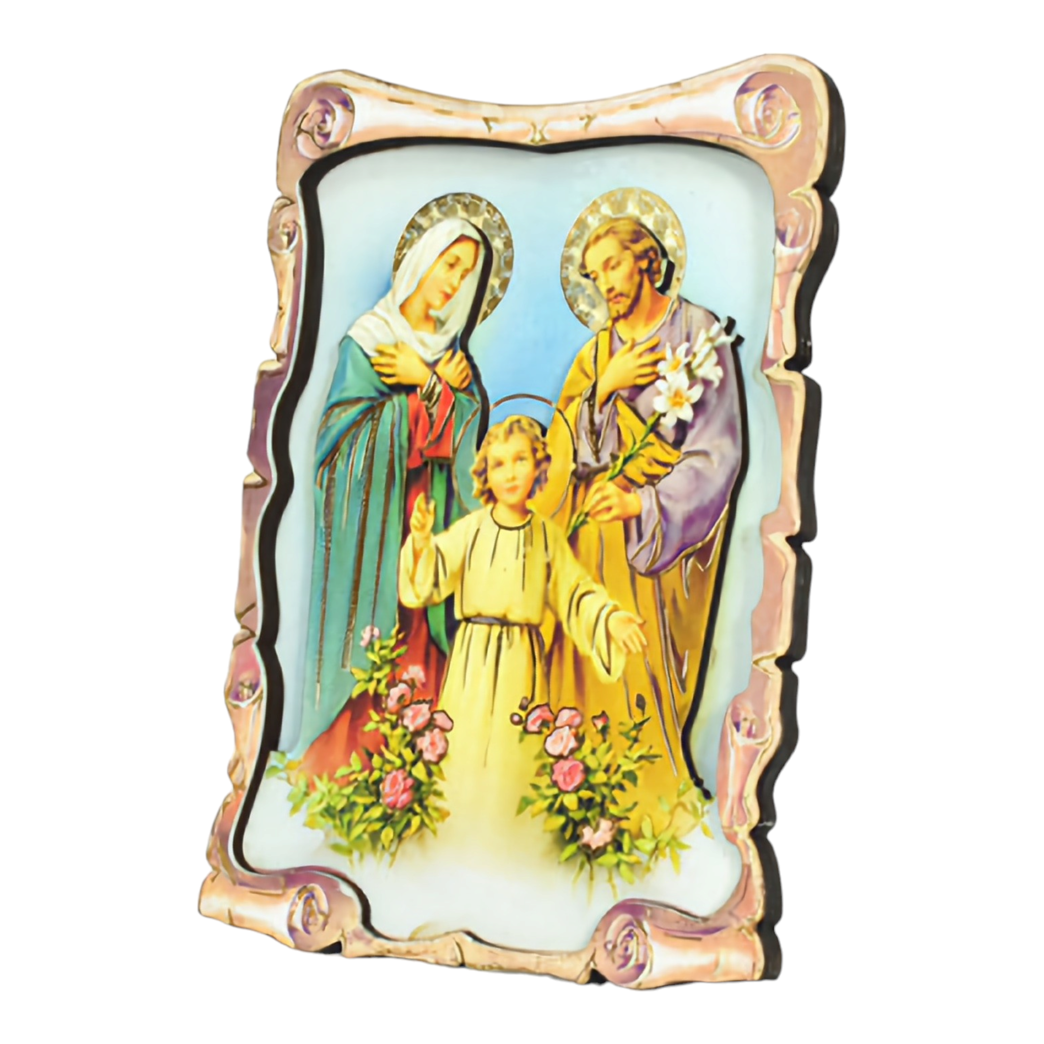 Religious Catholic Christian Colour Wooden Wood 3D Holy Family Icon Plaque picture Stand, holy mother Mary, Joseph, Jesus Christ