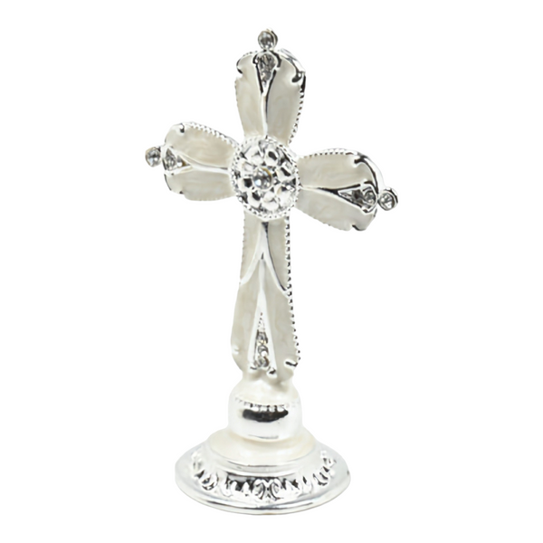 Mini White Enamel Standing Cross with Diamante crystals Favours Bomboniere Gifts