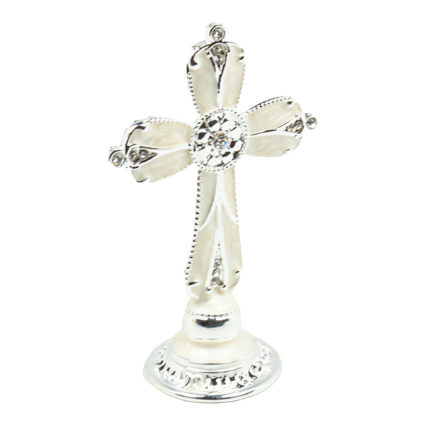 Mini White Enamel Standing Cross with Diamante crystals Favours Bomboniere Gifts