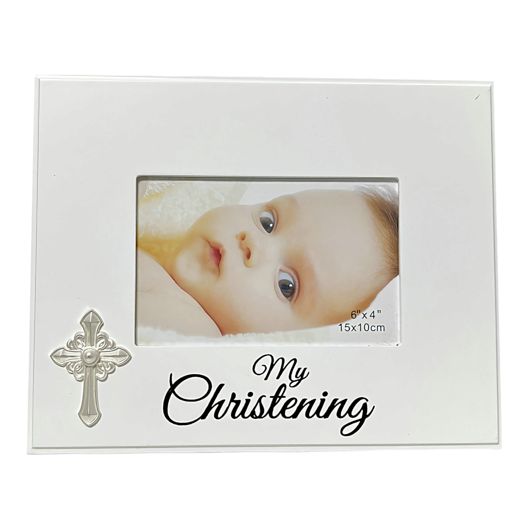 White My Christening Photo Frame with Metal Cross