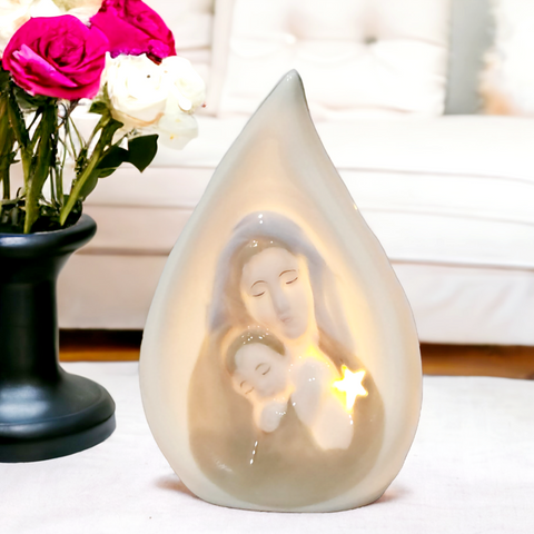 Ceramic white Holy Mother Mary & child Jesus LED Light Up Ornament statue with stars religious gift Catholic Christian