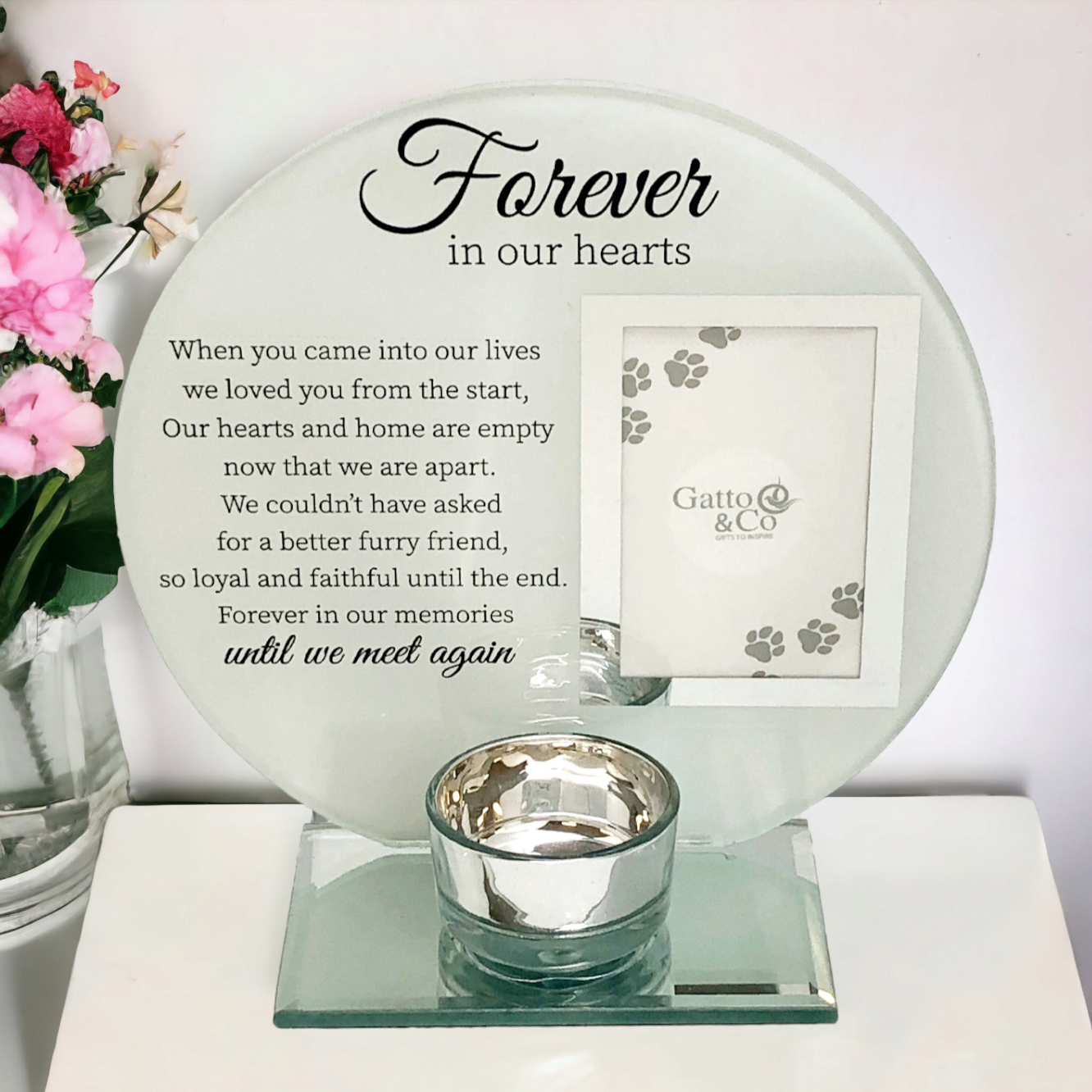 Forever In our hearts pets pet dog cat Glass Photo Frame & Tealight Candle Holder Memorial Plaque Glass Photo Frame with Tea Light Holder Remembrance Keepsake tribute